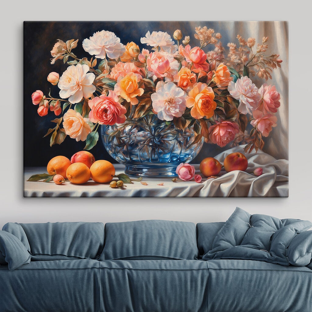 Bloemenschikking boven oranje fruit — interieur 1