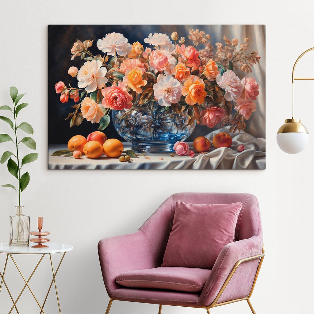 Bloemenschikking boven oranje fruit — interieur 2