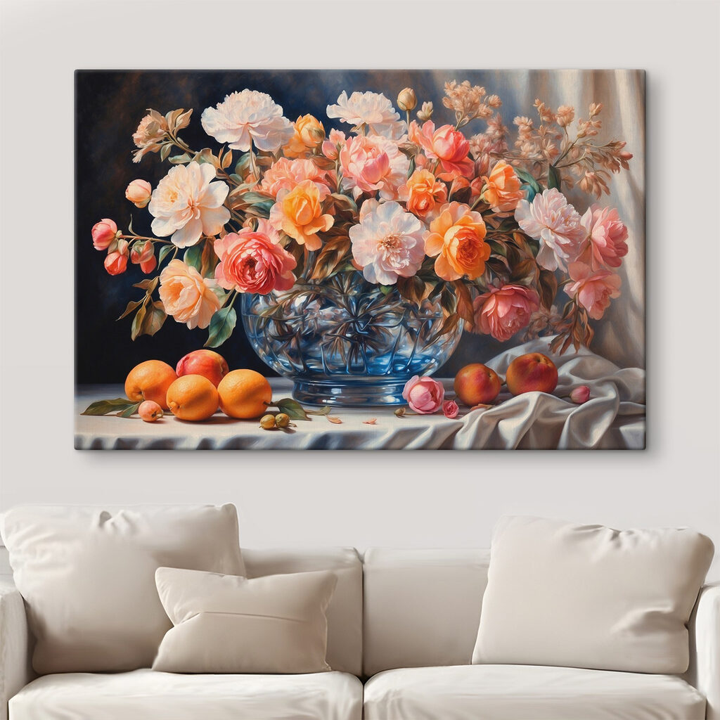 Bloemenschikking boven oranje fruit — interieur 3