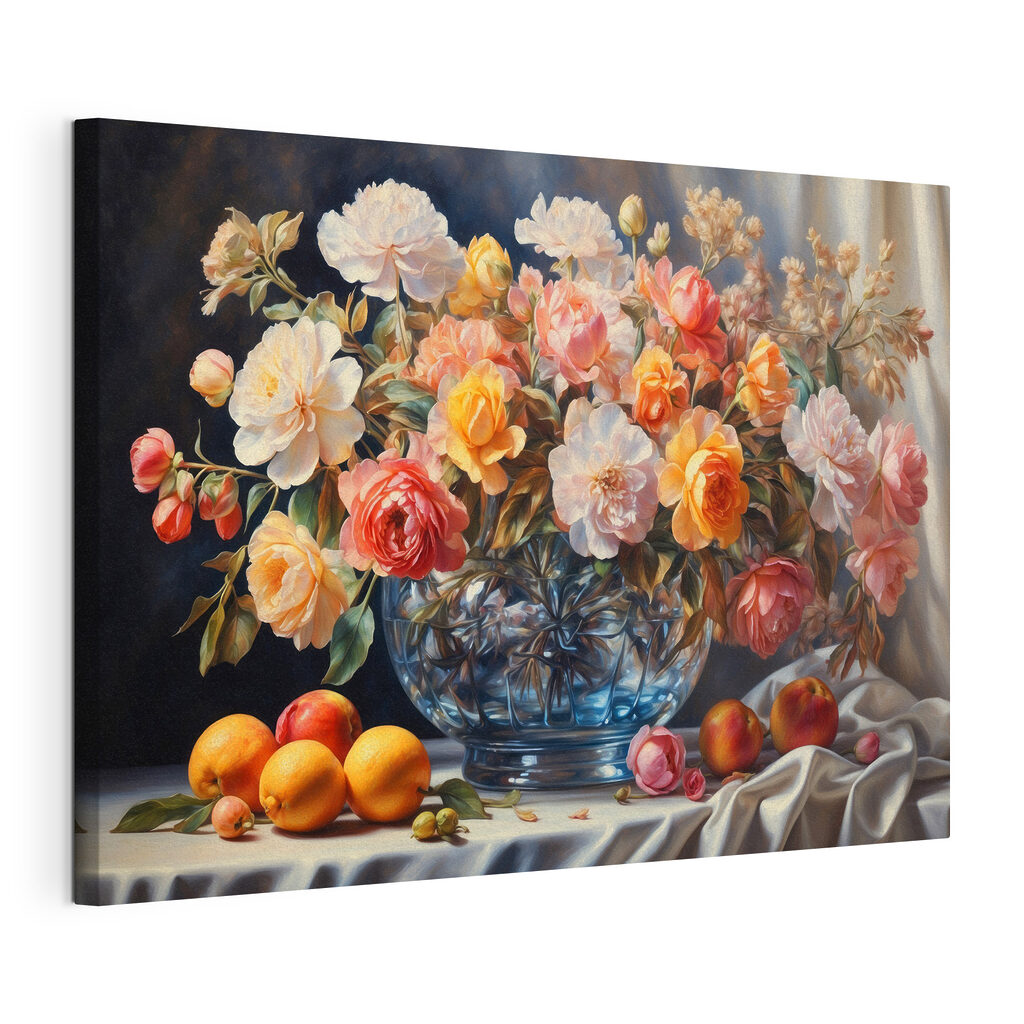 Bloemenschikking boven oranje fruit — productweergave