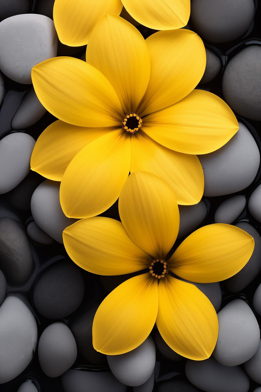 Gele bloemen tussen kiezels — volledig ontwerp