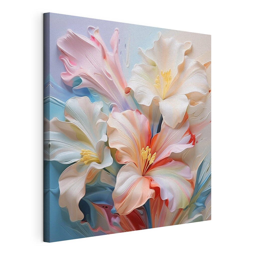 Lelies in roze pastellagen, gespannen canvas met doorlopende rand