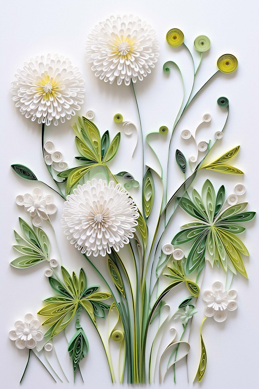 Witte pluisbloemen met frisgroen — volledig ontwerp