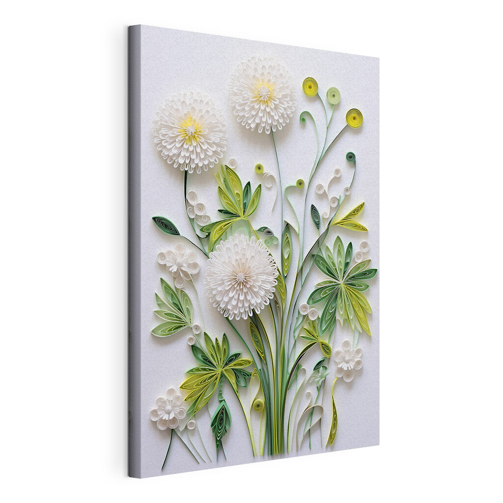 Witte pluisbloemen met frisgroen, gespannen canvas met doorlopende rand
