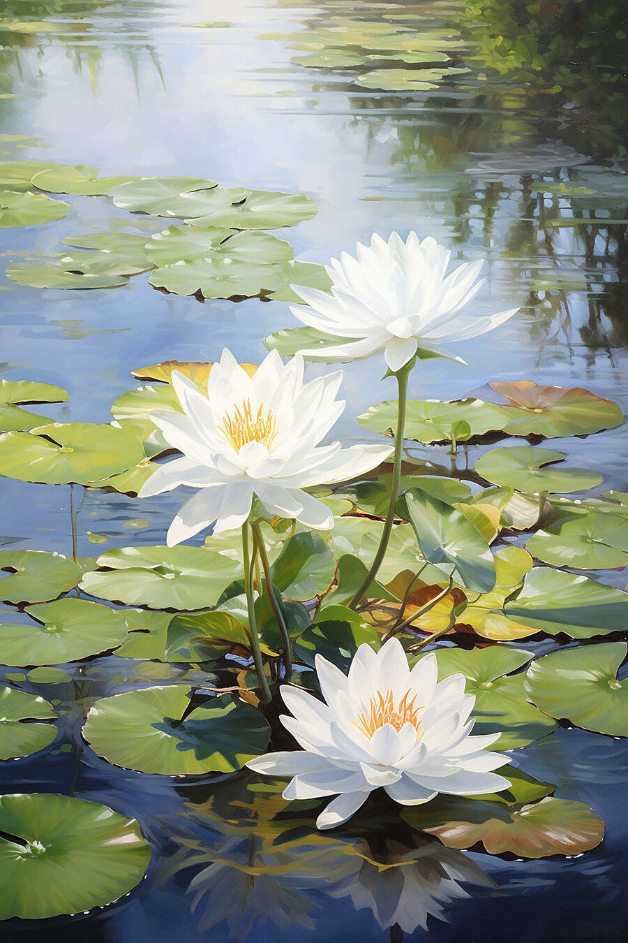 Waterlelies tussen groene spiegelingen — volledig ontwerp