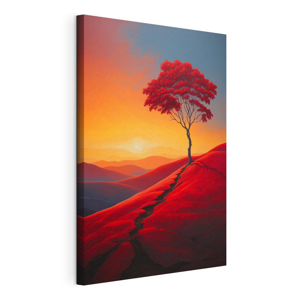 Rode boom boven zand, gespannen canvas met doorlopende rand