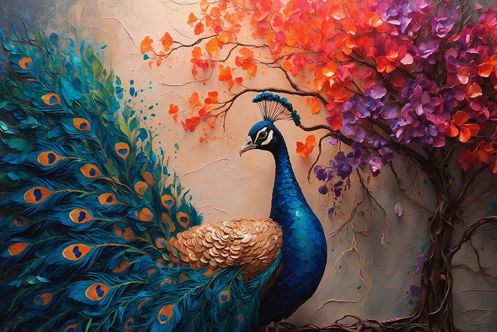 Pauw onder een herfstbloesemtak — volledig ontwerp