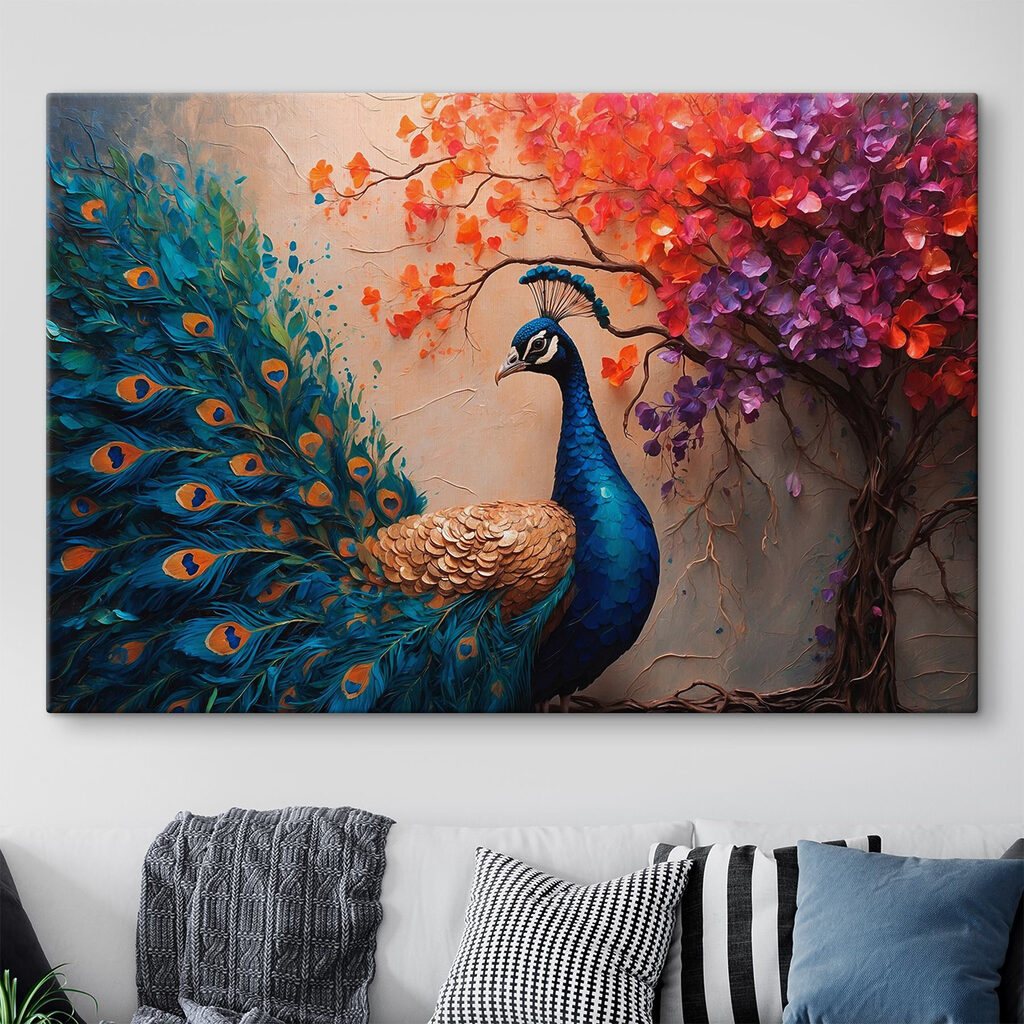 Pauw onder een herfstbloesemtak — interieur 1