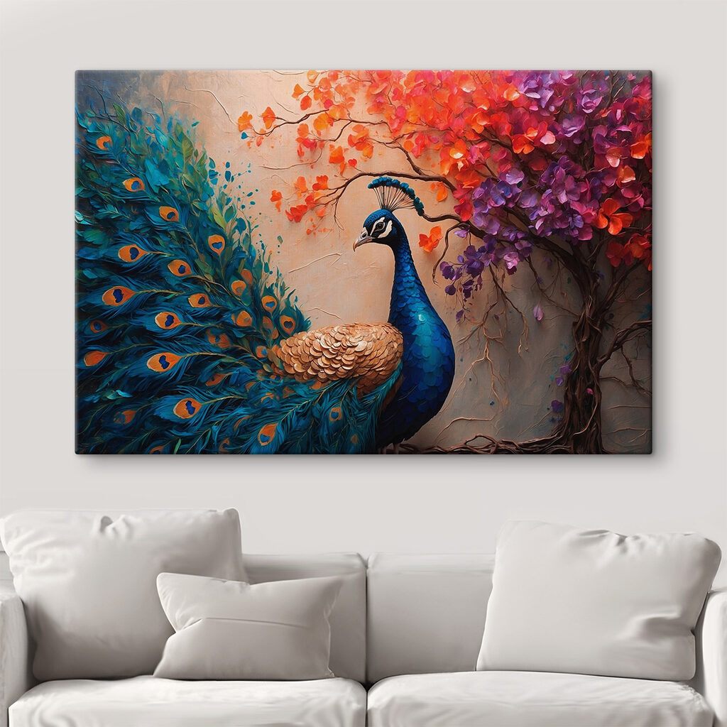 Pauw onder een herfstbloesemtak — interieur 2