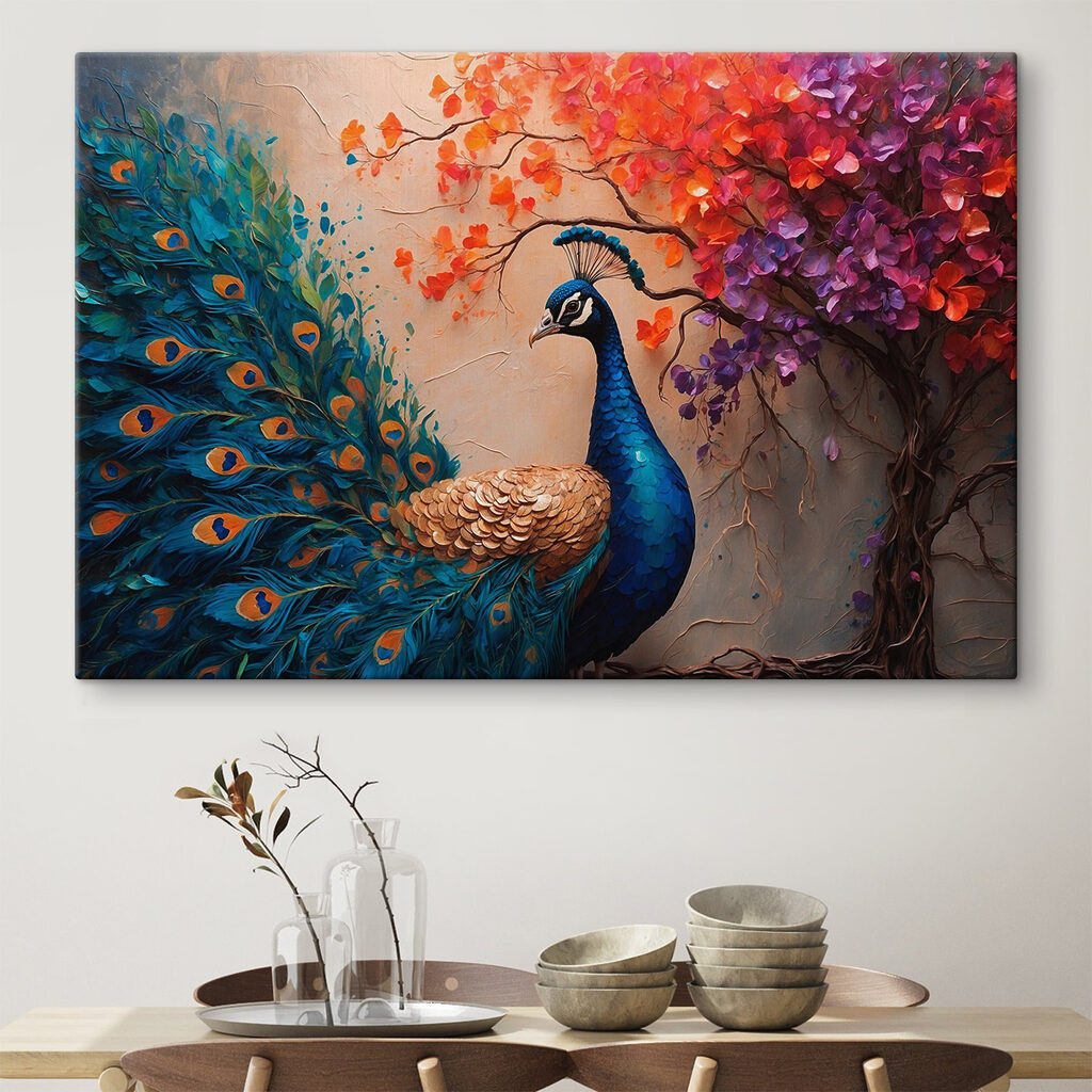 Pauw onder een herfstbloesemtak — interieur 3