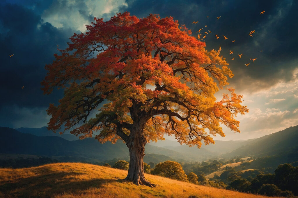 Herfstboom voor donkere hemel — volledig ontwerp