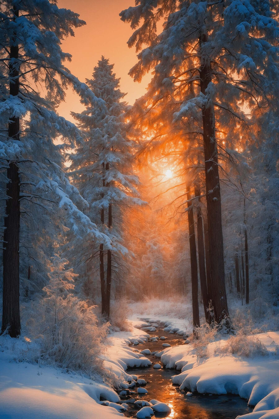 Winterzon tussen besneeuwde dennen — volledig ontwerp