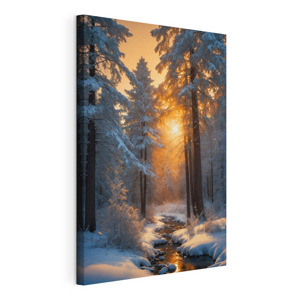Winterzon tussen besneeuwde dennen, gespannen canvas met doorlopende rand