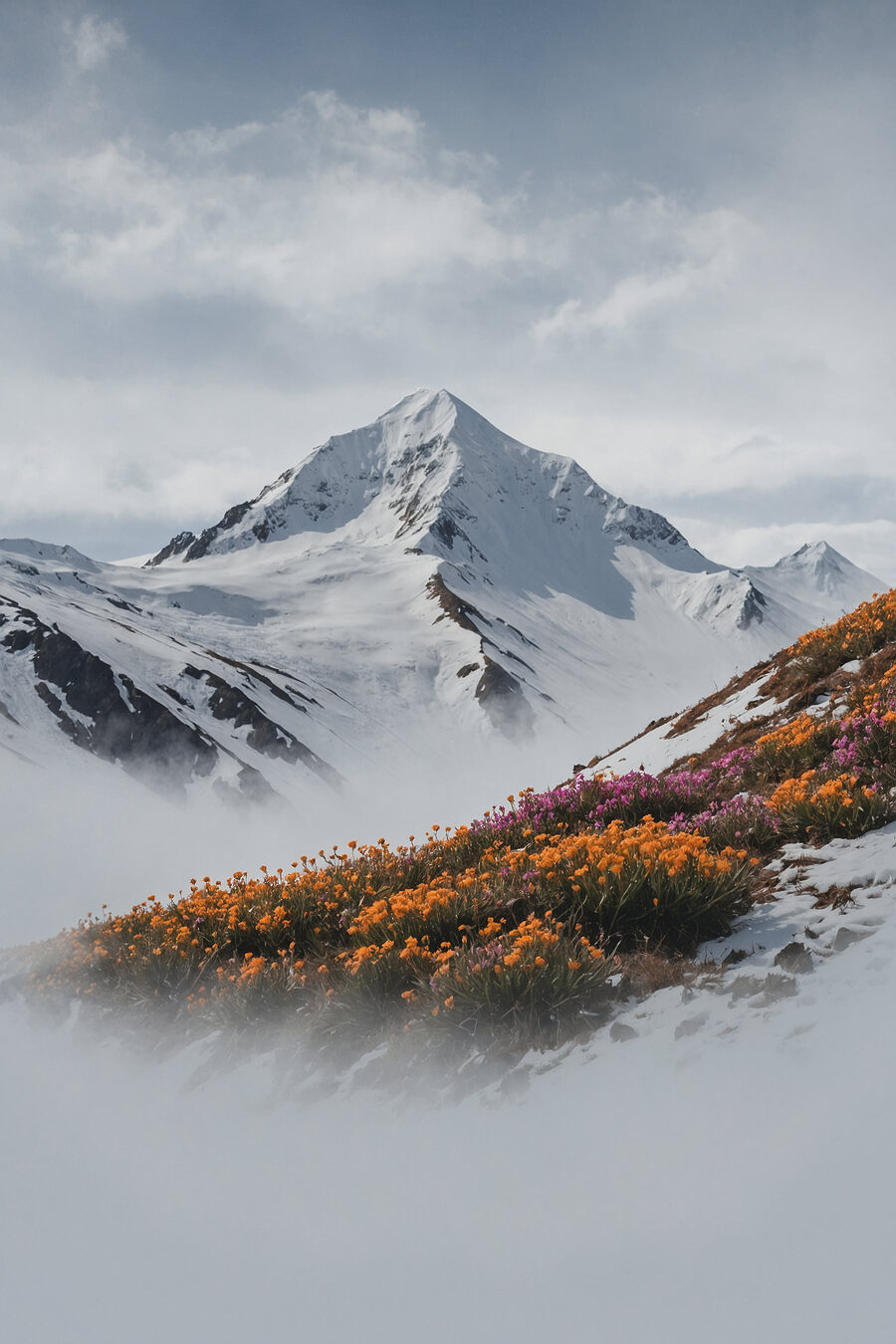 Een sneeuwtop boven herfsthelling — volledig ontwerp