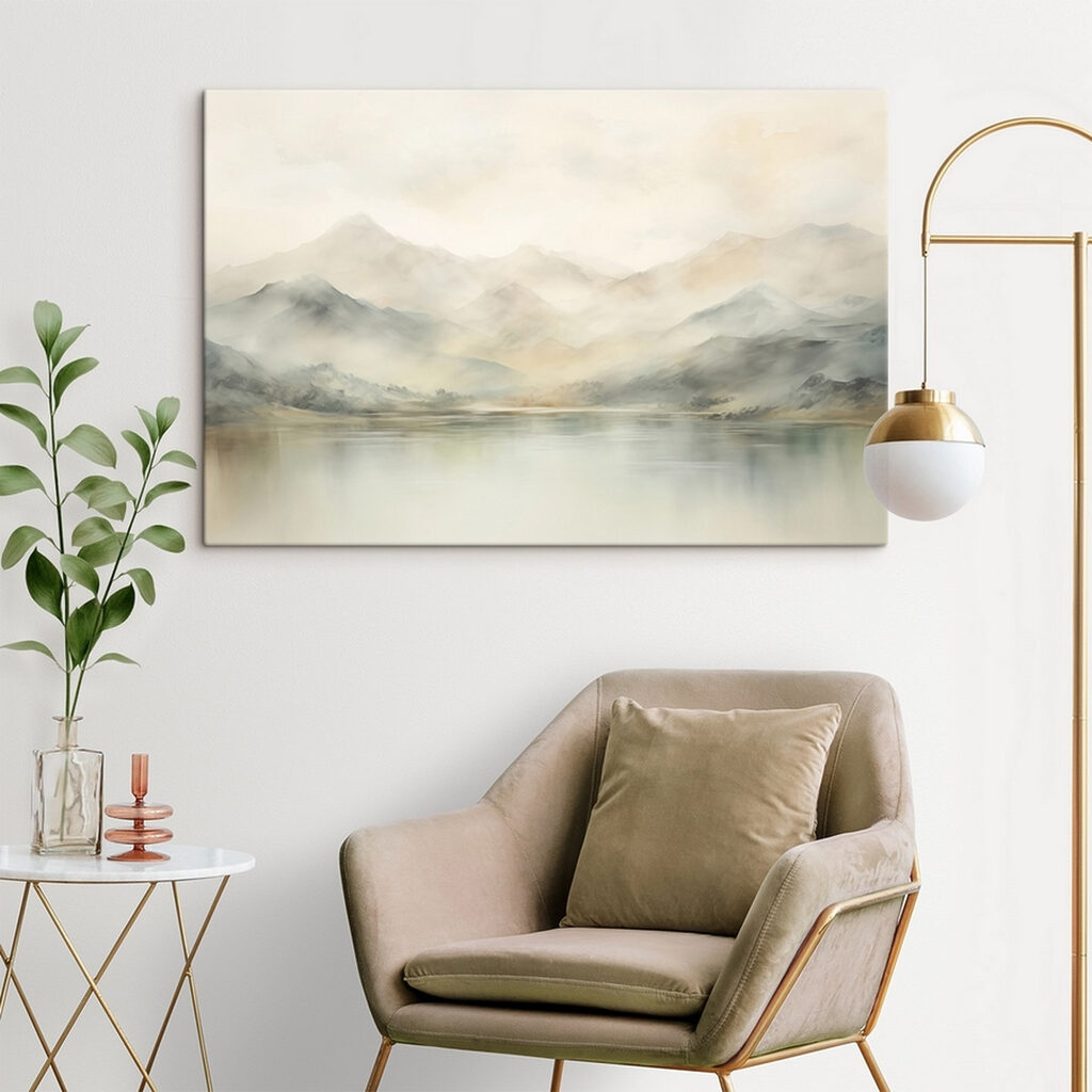 Aquarel van een meer met bergen in de verte in een interieur