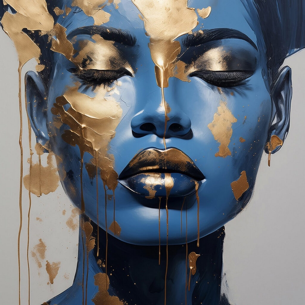 Blauw portret met goudsnippers — volledig ontwerp