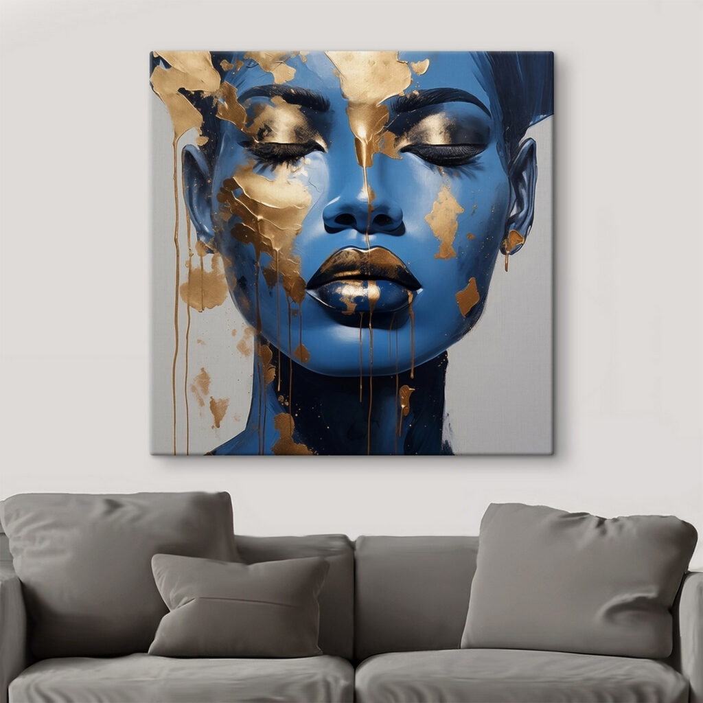 Blauw portret met goudsnippers — interieur 2