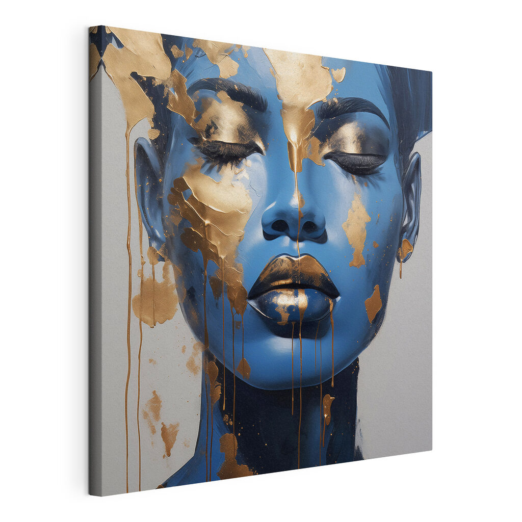Blauw portret met goudsnippers, gespannen canvas met doorlopende rand