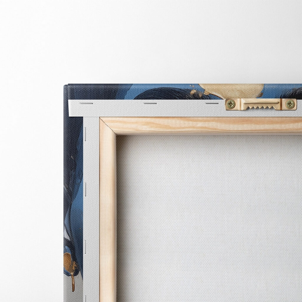 Blauw portret met goudsnippers — achterkant