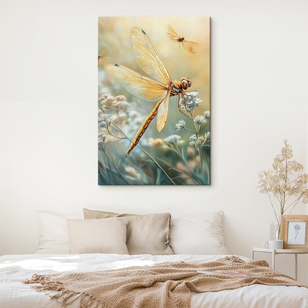 Libel boven lichte veldbloemen — interieur 2