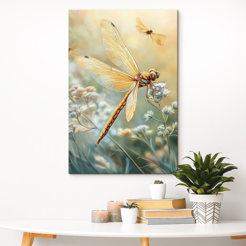 Libel boven lichte veldbloemen in een interieur