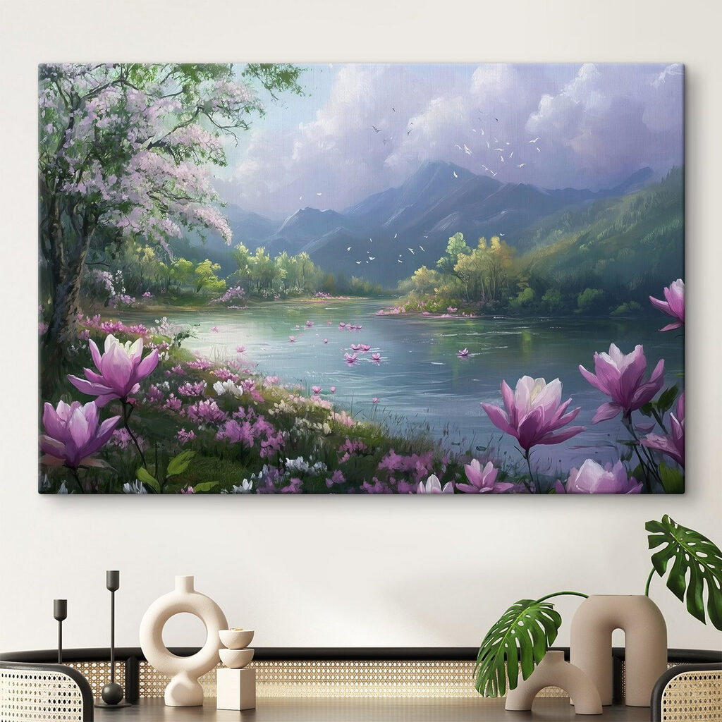 Rivier met bloemen en bergen op de achtergrond in een interieur