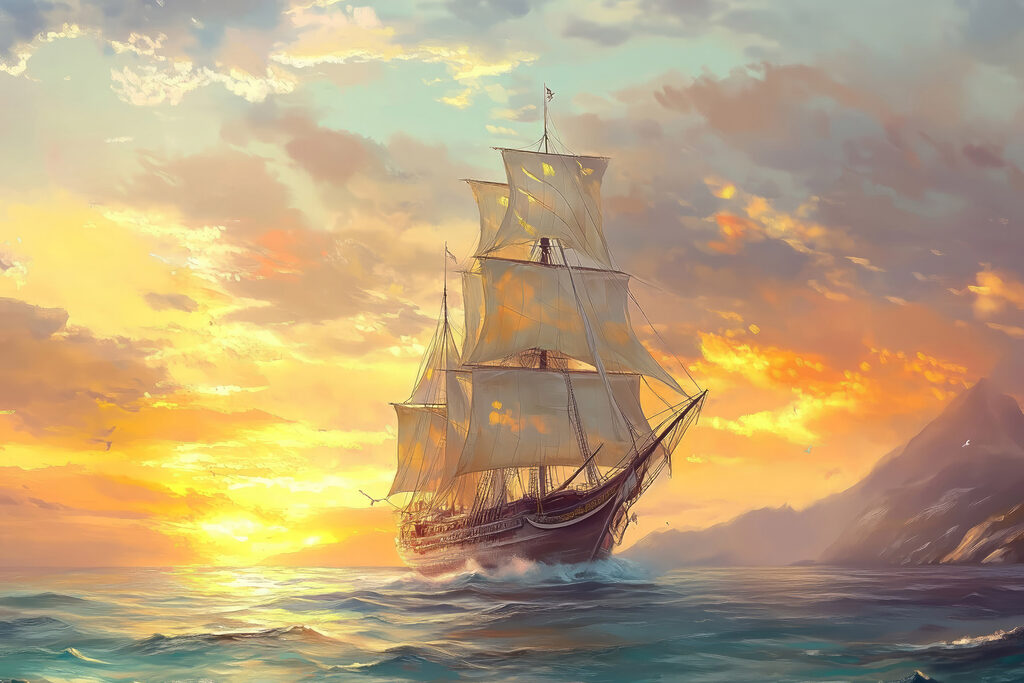Een zeilschip vangt avondlicht — volledig ontwerp
