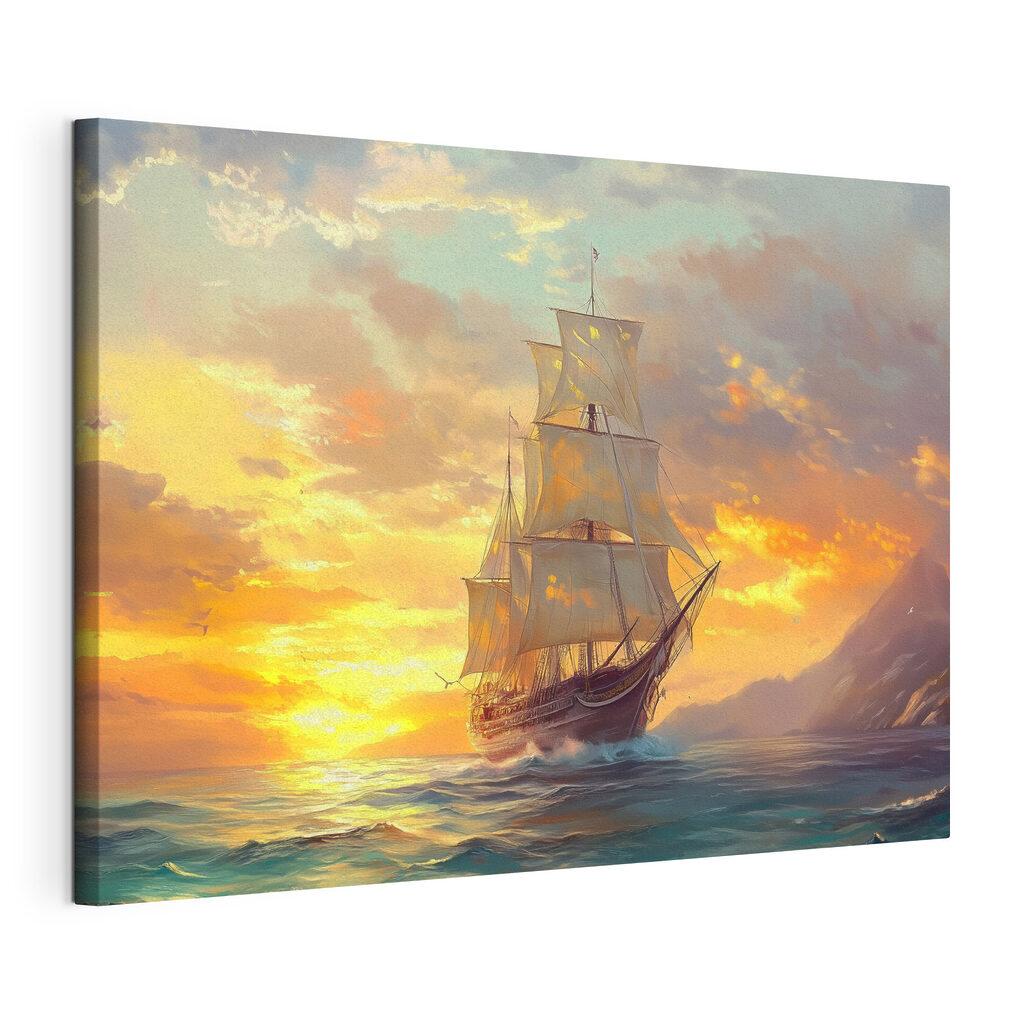 Een zeilschip vangt avondlicht, gespannen canvas met doorlopende rand