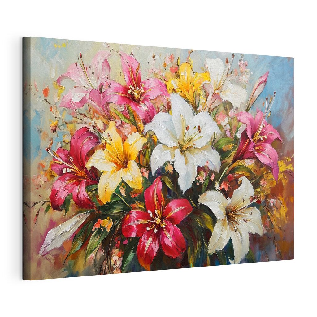 Lelies in alle zomerkleuren, gespannen canvas met doorlopende rand
