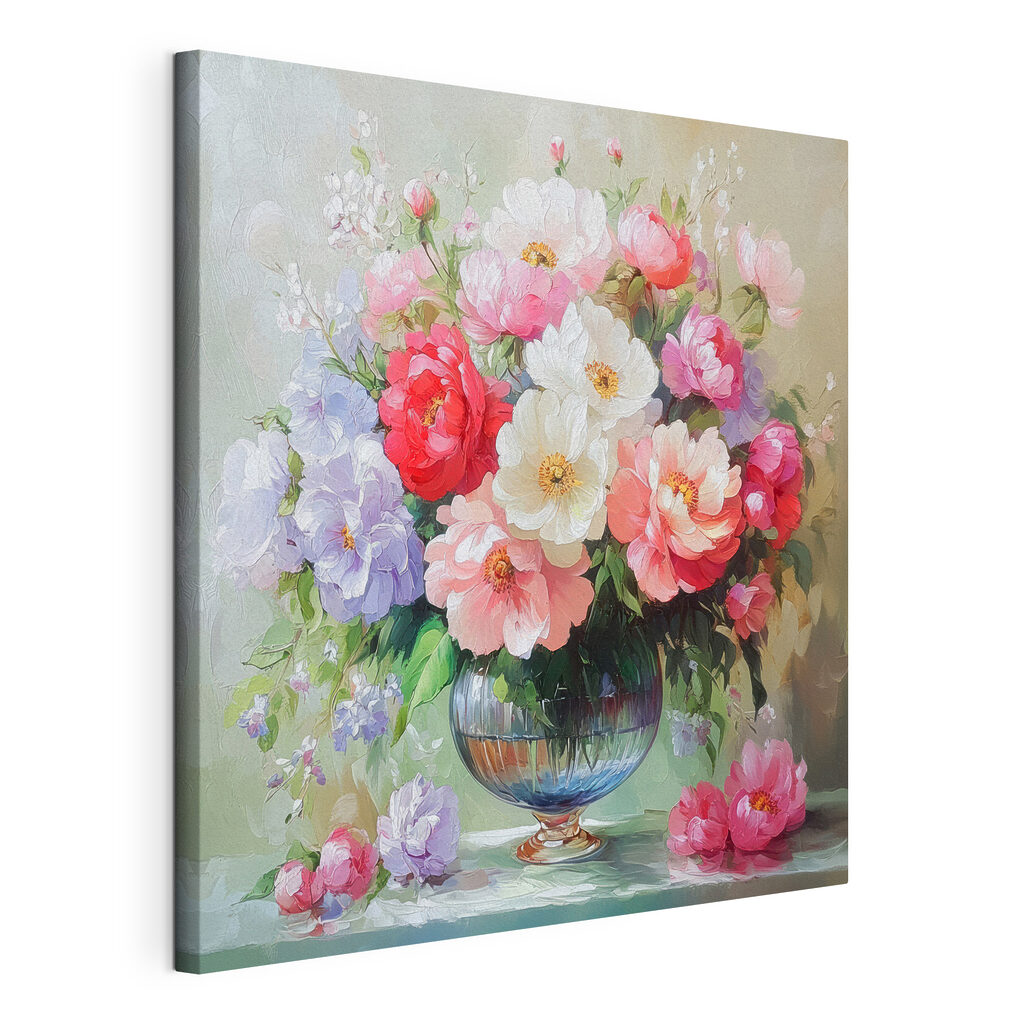 Zomerboeket in een spiegelvaas, gespannen canvas met doorlopende rand