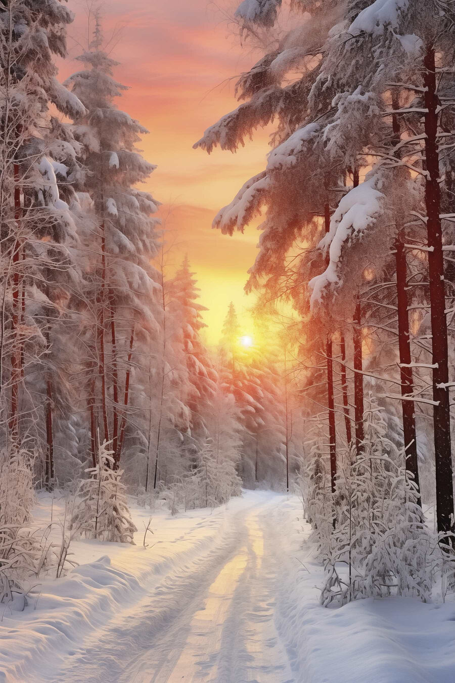 Roze winterlucht boven sneeuwsporen — volledig ontwerp