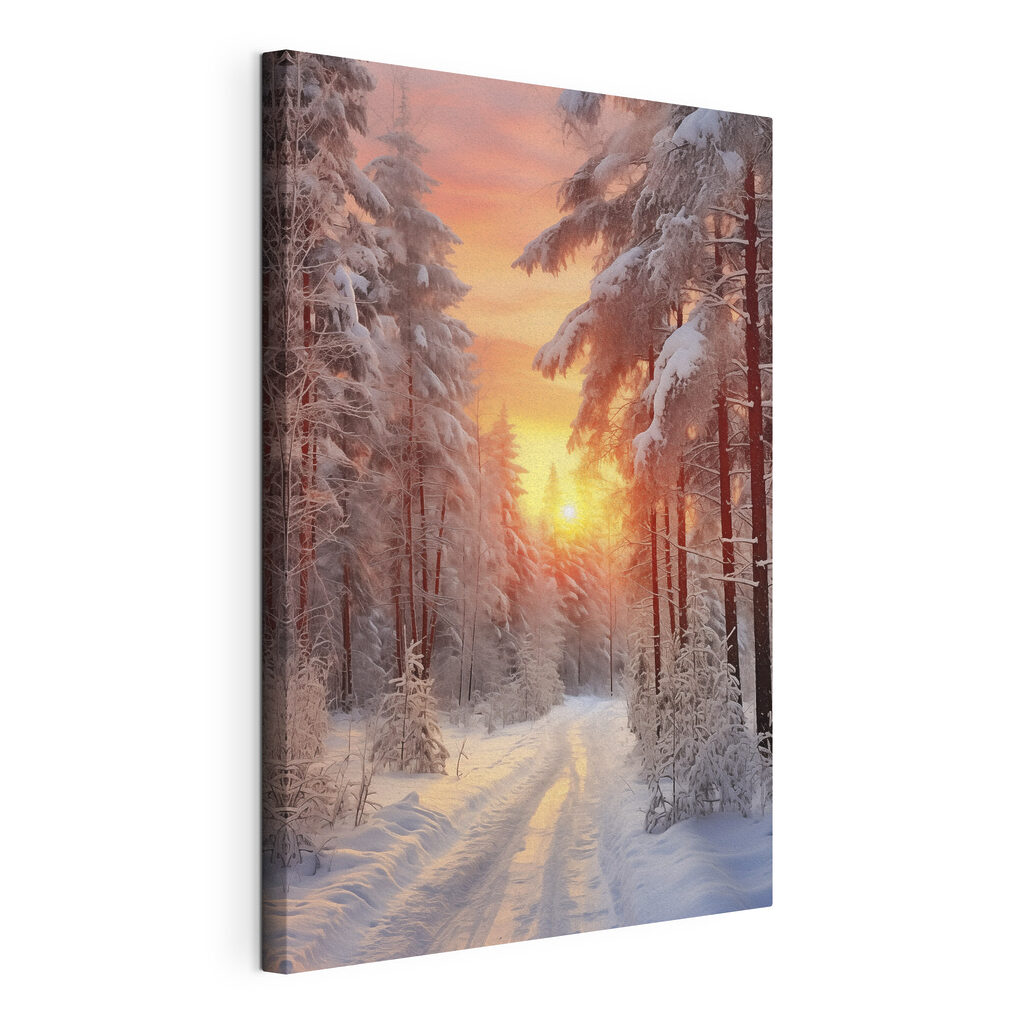 Roze winterlucht boven sneeuwsporen — productweergave