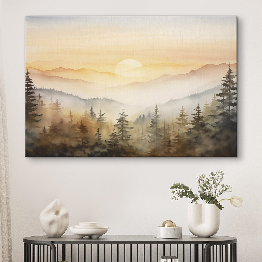 Aquarel van een bos en bergen in een interieur
