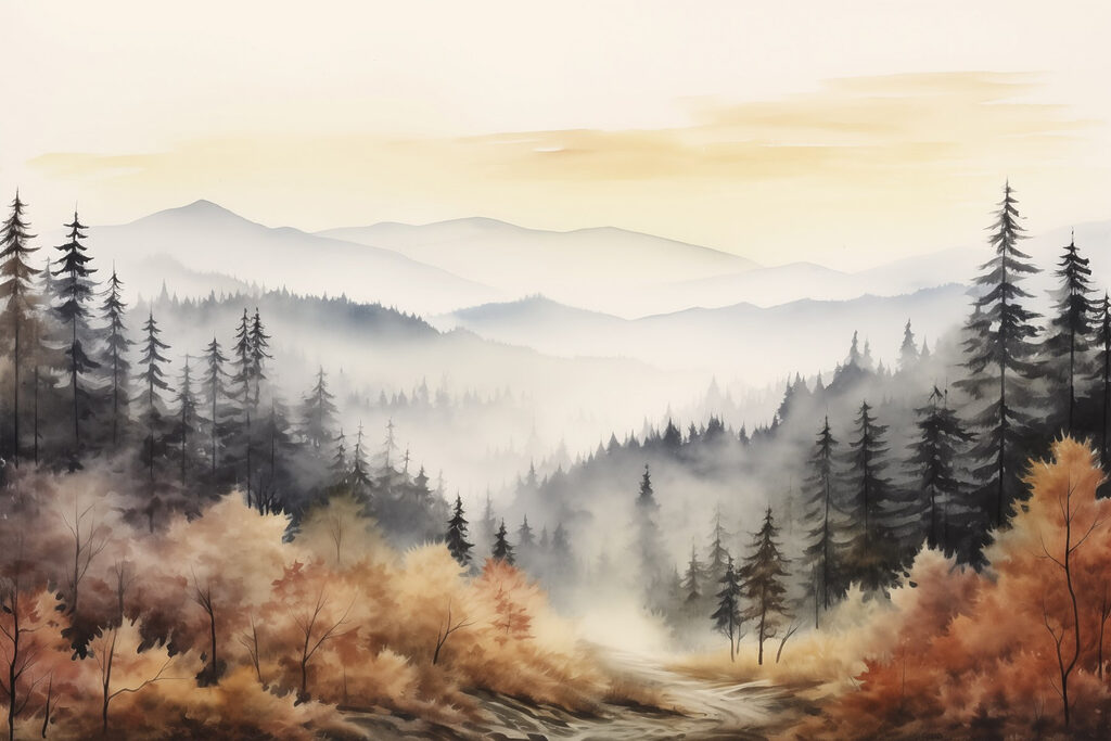 Herfststruiken tussen grijze dennen — volledig ontwerp