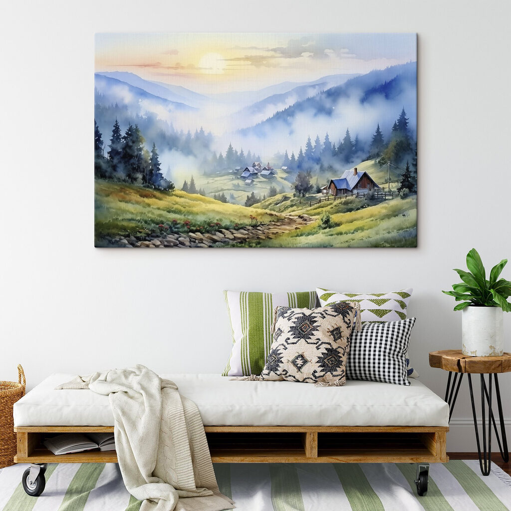 Berghutten boven blauwe ochtendmist — interieur 1