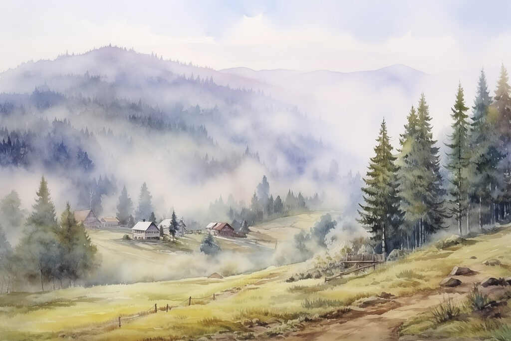 Berghutten in bleke nevel — volledig ontwerp