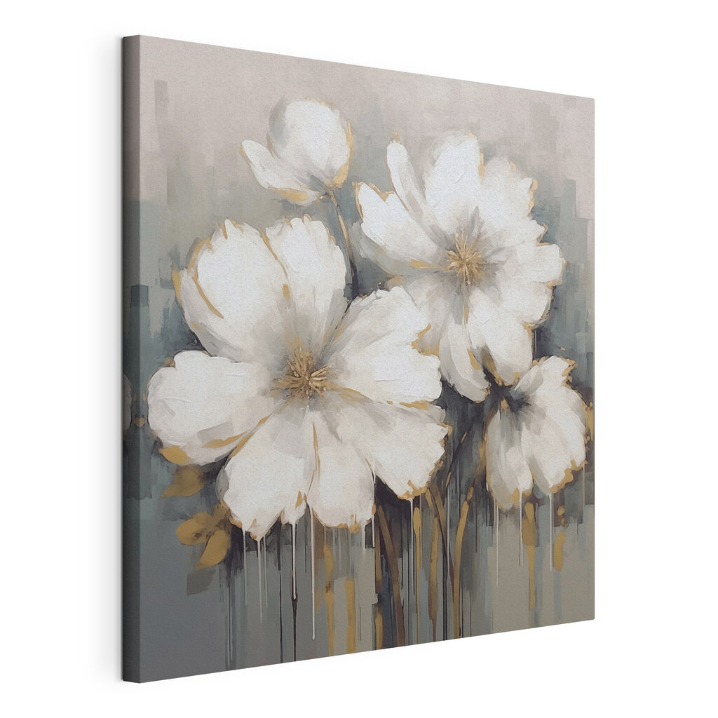 Bloemen in grijze vegen, gespannen canvas met doorlopende rand