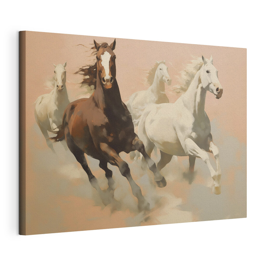 Galopperende paarden in zandtinten, gespannen canvas met doorlopende rand