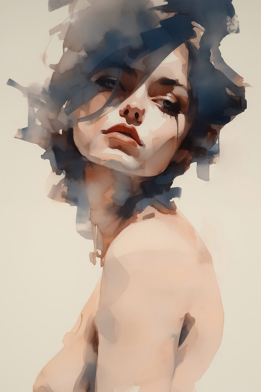 Een schouder onder aquarellokken — volledig ontwerp