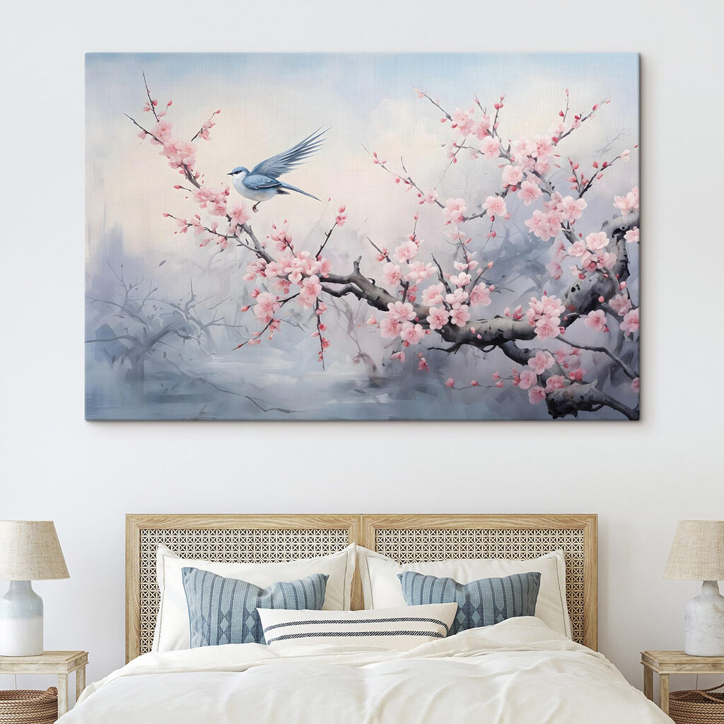 Zwaluw boven roze bloesemtak in een interieur
