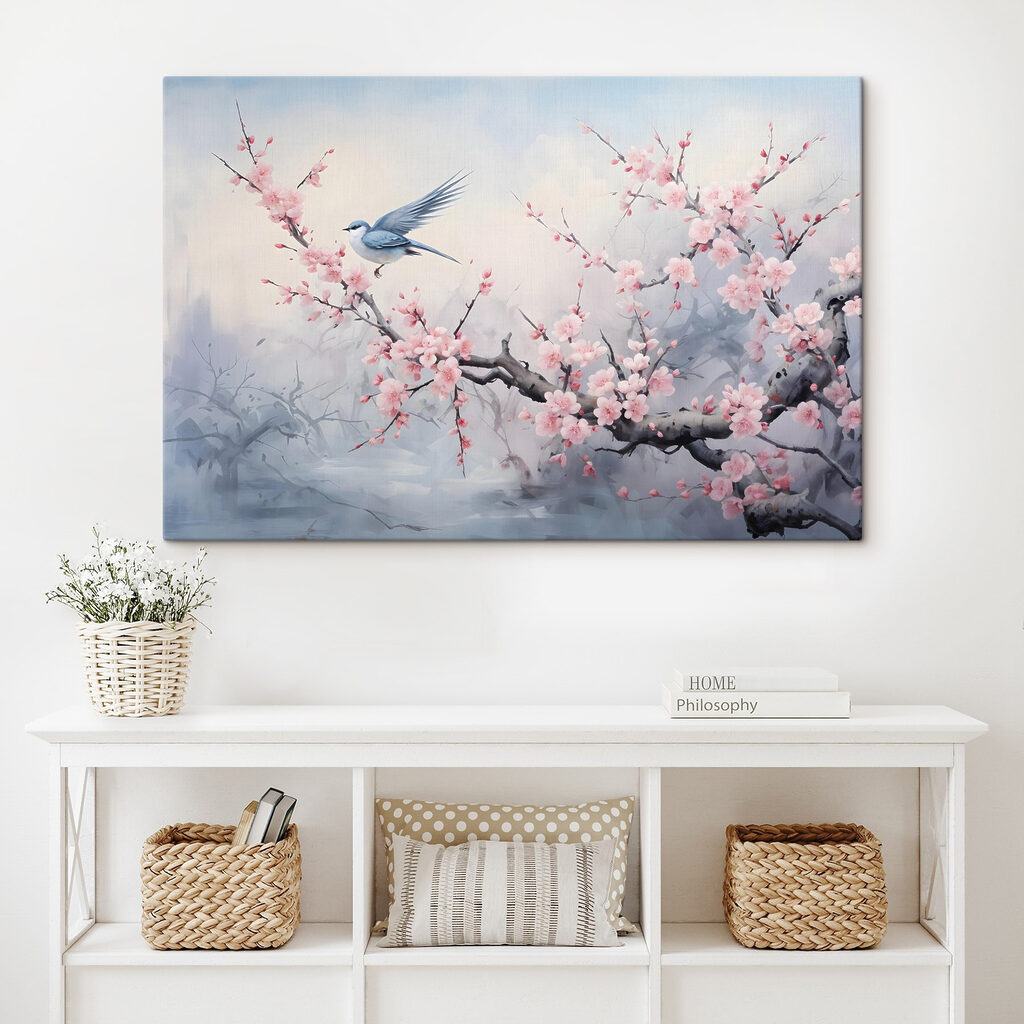 Zwaluw boven roze bloesemtak — interieur 2