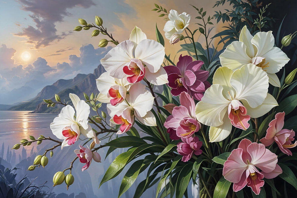 Orchideeën voor een avondmeer — volledig ontwerp