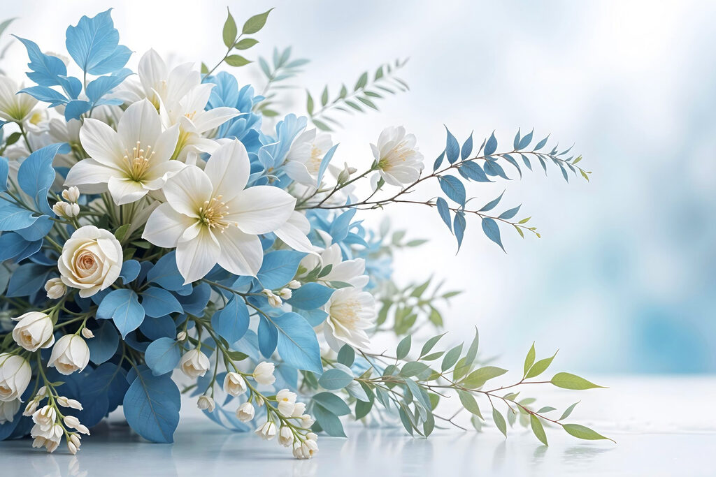 Witte bloemen tussen blauwgroen — volledig ontwerp