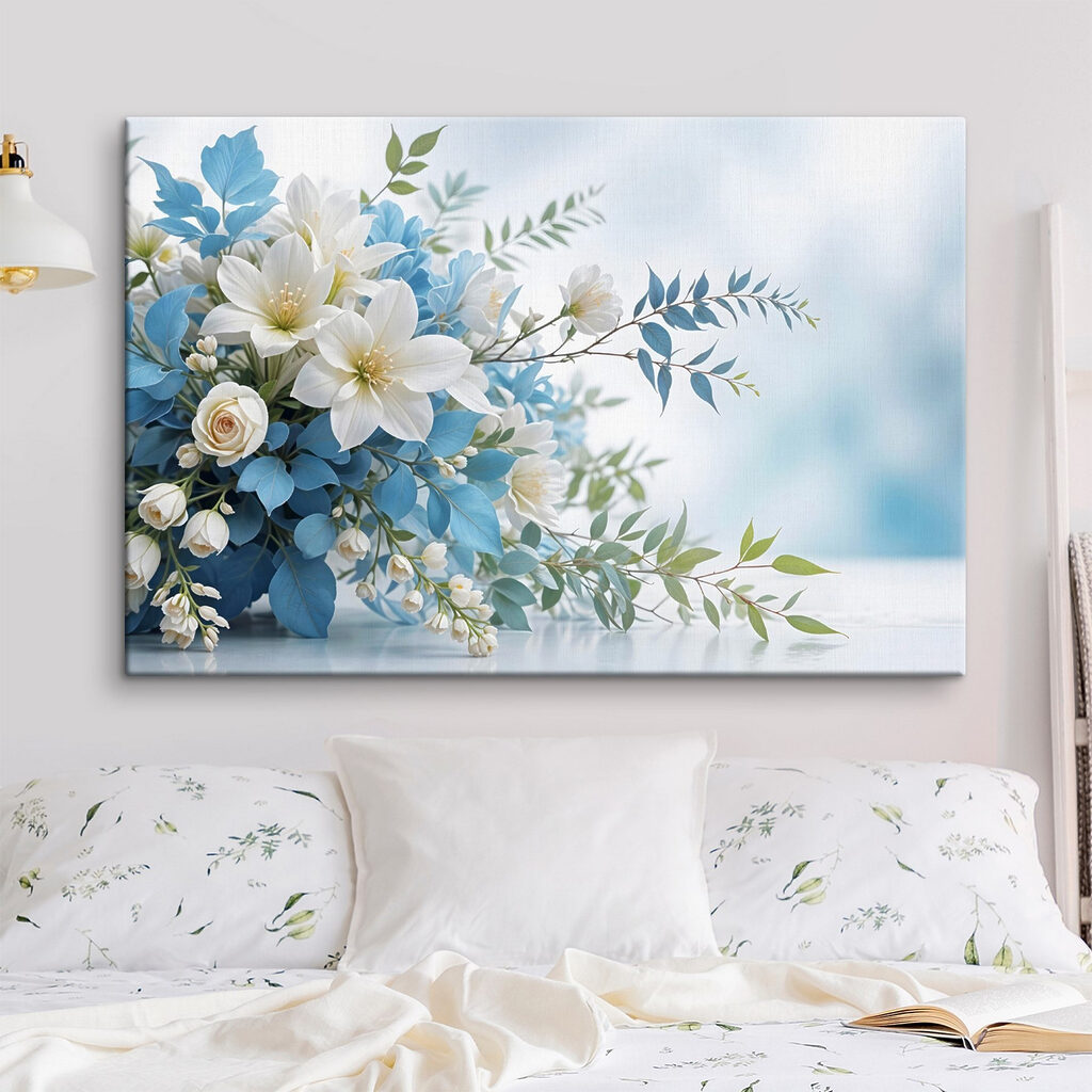 Witte bloemen tussen blauwgroen — interieur 2
