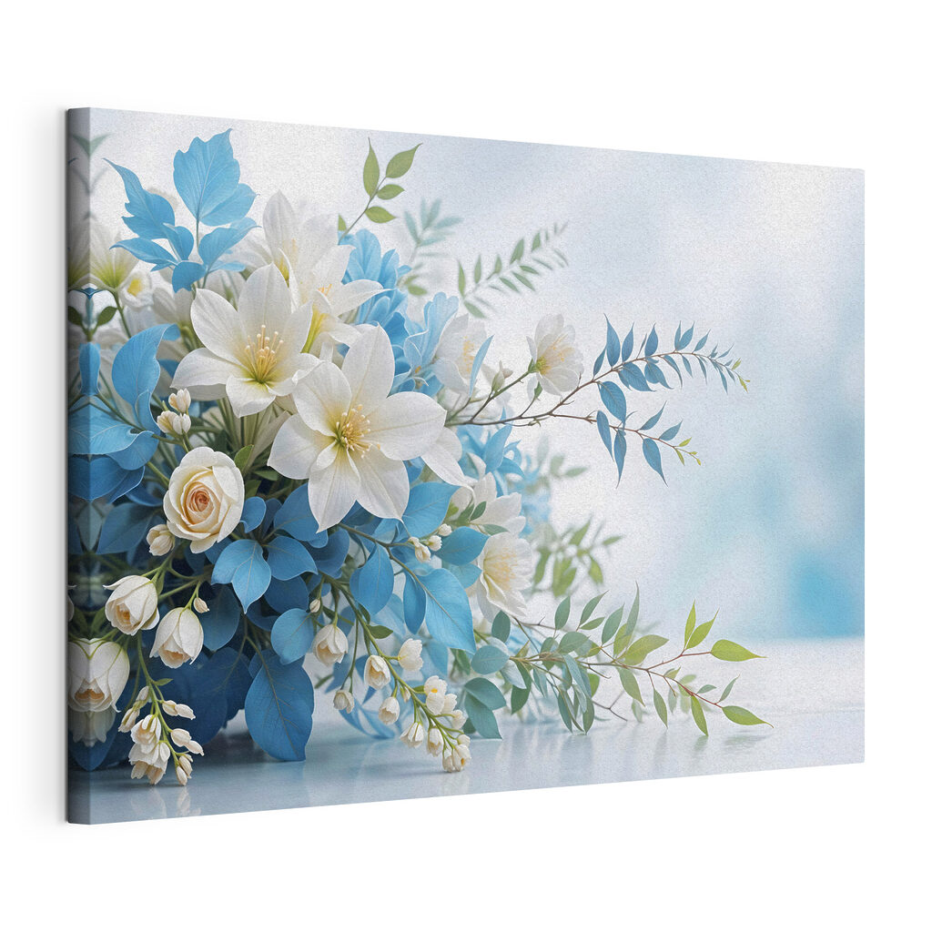 Witte bloemen tussen blauwgroen, gespannen canvas met doorlopende rand