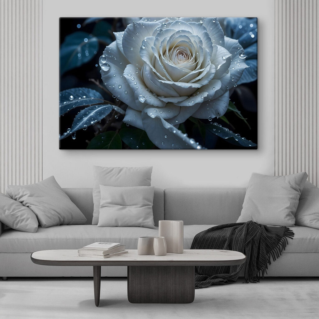 Witte roos met dauwdruppels — interieur 1