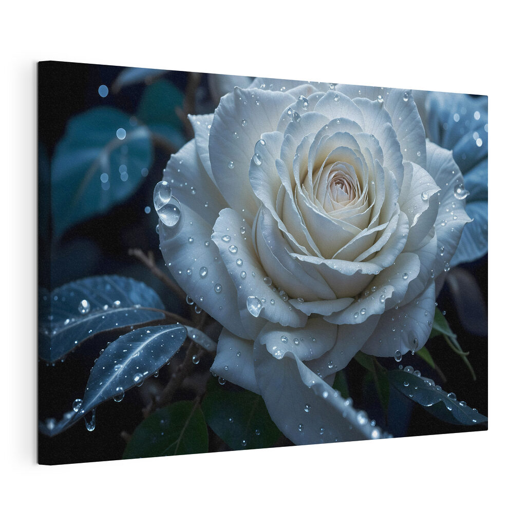 Witte roos met dauwdruppels, gespannen canvas met doorlopende rand