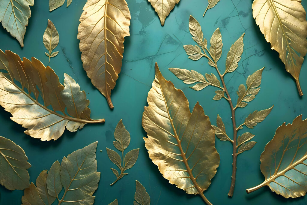 Gouden bladval op turquoise — volledig ontwerp