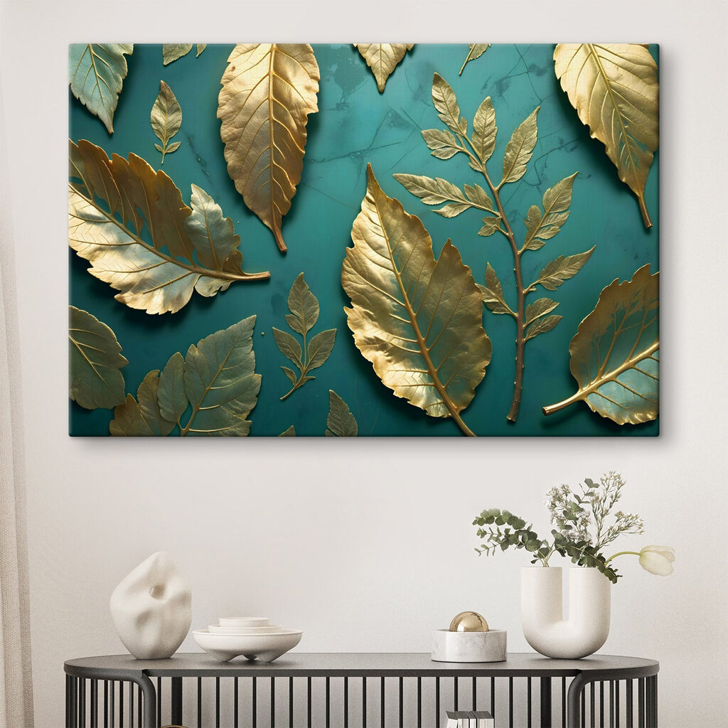 Gouden bladval op turquoise — interieur 2