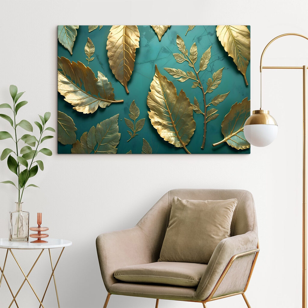 Gouden bladval op turquoise — interieur 1